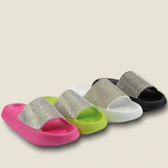 Last Chance! Bamboo White w/ Silver Rhinestone Slip-On Comfort Slide Sandal - Picture 4 of 8